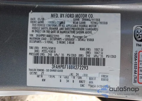 2008 Ford Fusion Se из США, поврежденный, VIN 3FAHP07188R272293